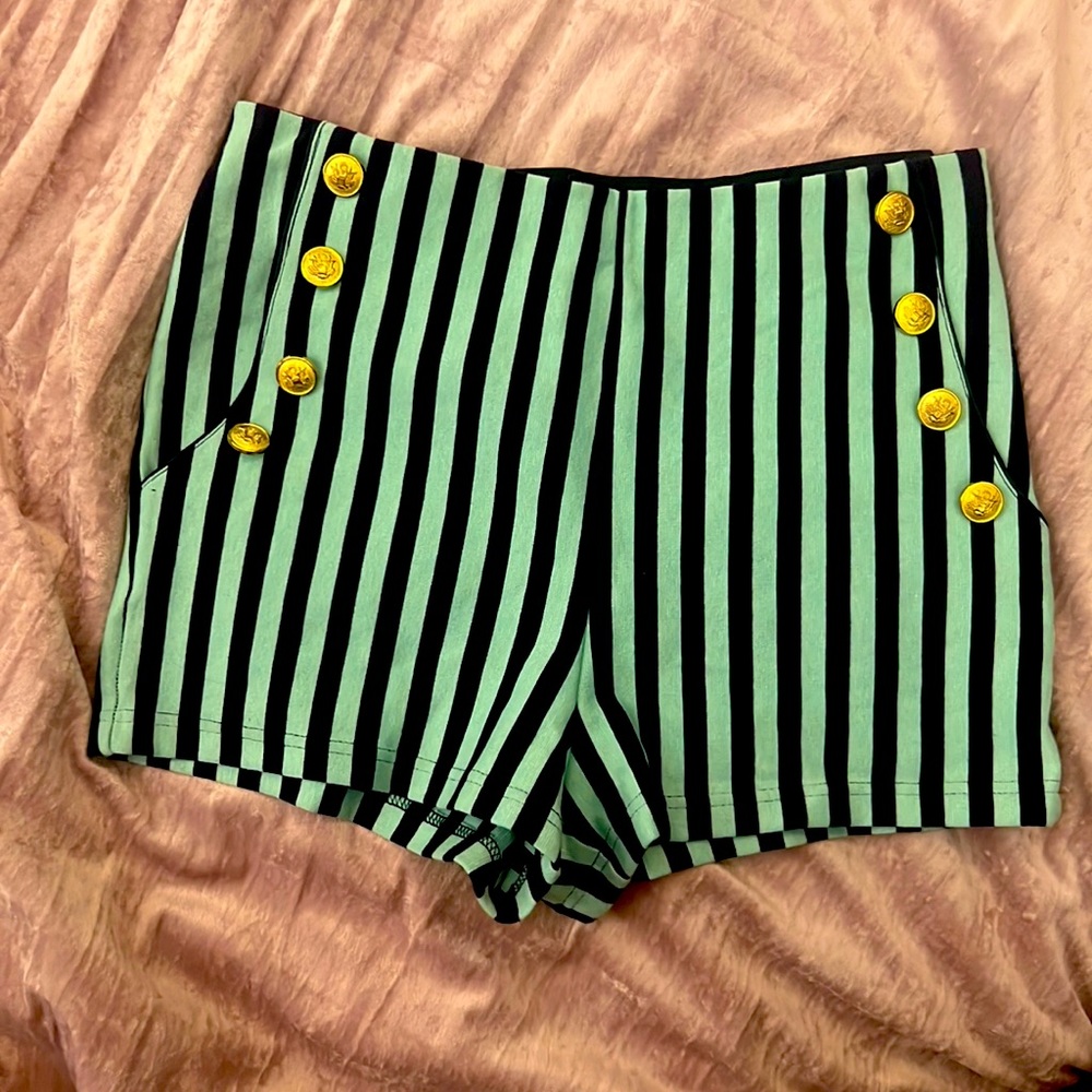 Forever 21 Nautical Vertical Stripe High Waist Shorts w/ Gold Button Details